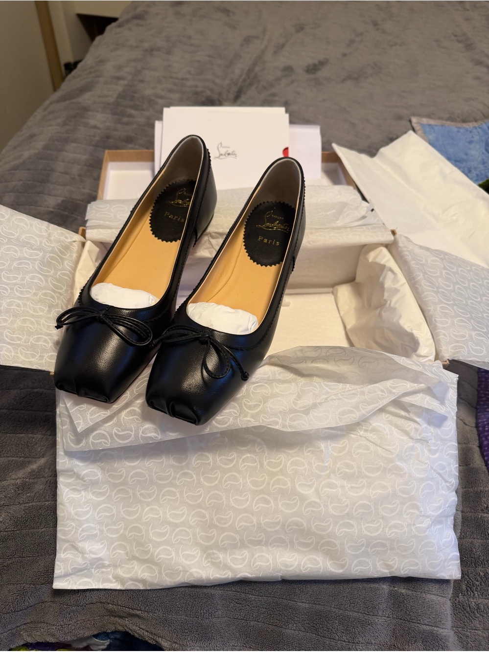 Christian Louboutin Black Leather Square-Toe Ballet Pumps with Bow